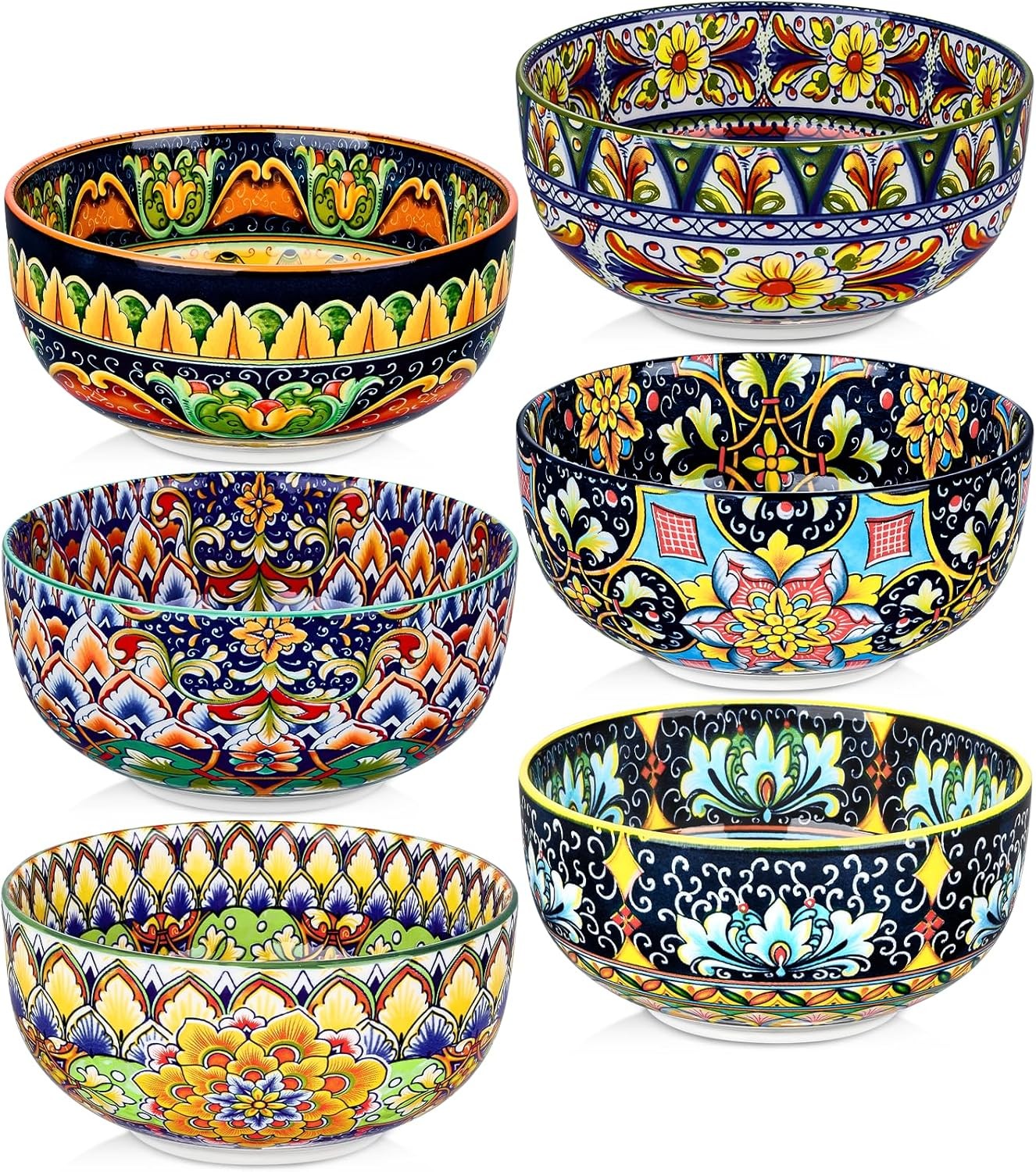 Ceramic Cereal Bowls Set of 6, 28 Oz Bohemian Soup Bowl, Colorful Bowls