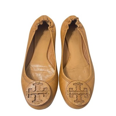 Tory Burch Reva Ballet Flats 9 Brown Leather Logo Medallion Good Scuffed