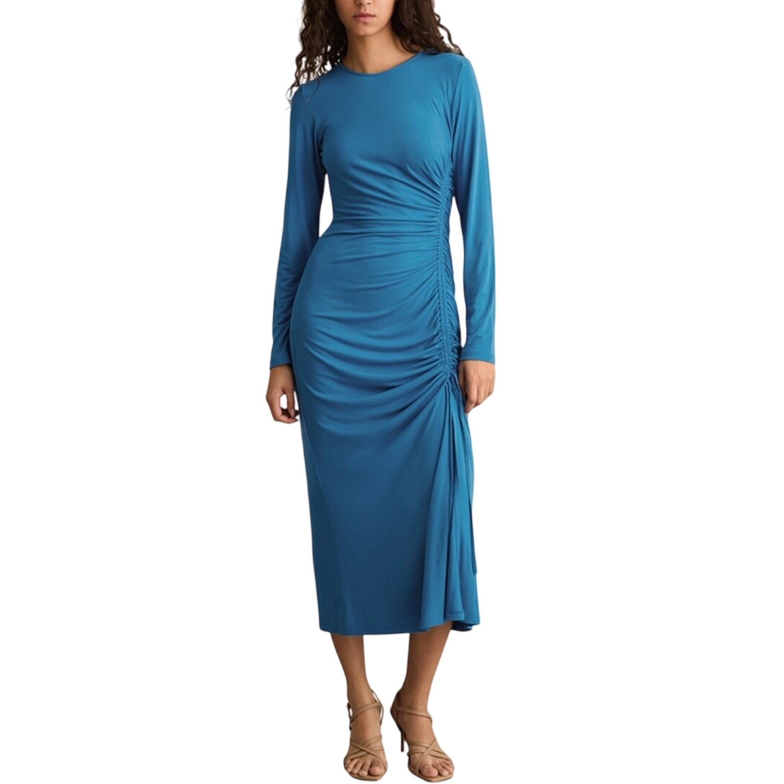 Reiss NWT Rosie Long Sleeve Ruched Midi Dress Blue Jersey Knit Women’s Size 10