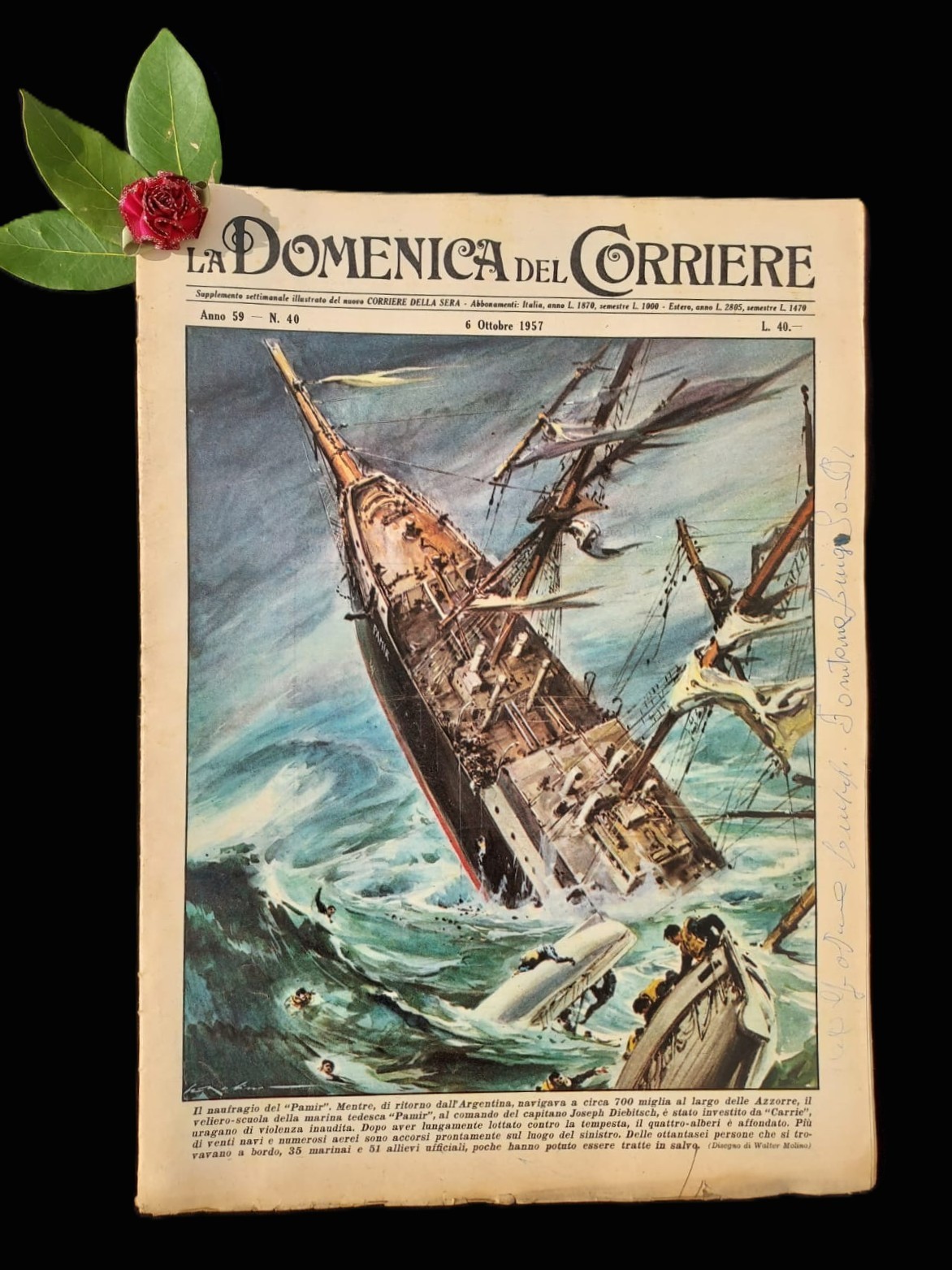La Domenica del Corriere 6 ottobre 1957 Naufragio Pamir  Sibelius Pavlov Basilio
