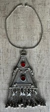 Vintage Afghan Kuchi Statement Tribal Necklace Red Stone Amulet Tassels Boho