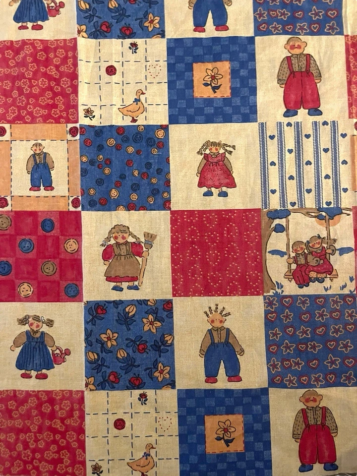 Vintage Erlanger Fabric 27x34 Patchwork Print Rag Dolls Farm Country Red Blue - Image 2 of 4