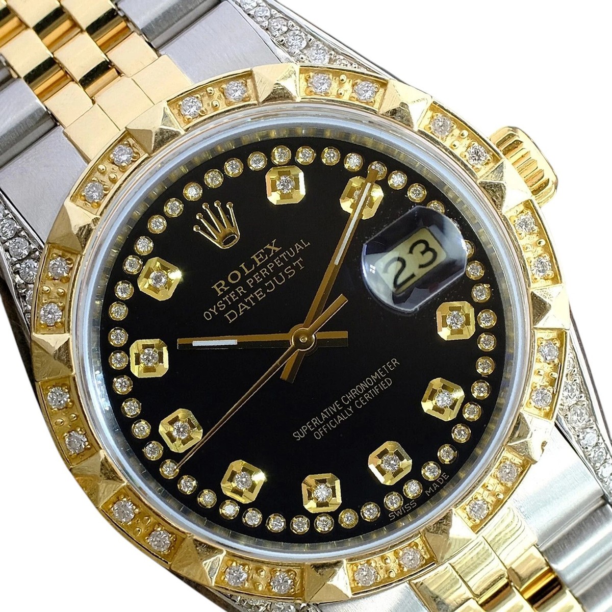 Rolex Datejust Mens 16233 Watch 18KY & SS Black Diamond Dial