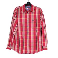 VTG 90'S TOMMY JEANS HILFIGER Red/Yellow PLAID Button-Up POCKET LOGO Shirt Sz L