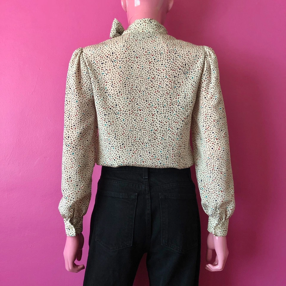 Blusa Top Camisa de Vestir Top Vintage Años 80 SP Satén Lazo Confeti Manga Larga Beige Crema Foto 4 de 4