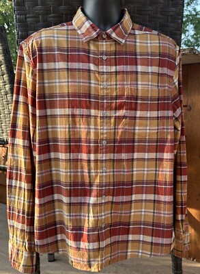 Apt 9 Plaid Flannel Shirt Standard Fit Premium Flex Untucked Fit XL Brown Gold