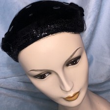 Ladies Black Velvet Hat 1940's 1950's Some Netting Helmet Black Sequence/WH2