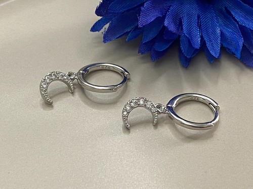 Small Star / Crescent Moon CZ Pendant Huggie Hoop Earrings in 925 Silver ·A197 - Picture 2 of 13