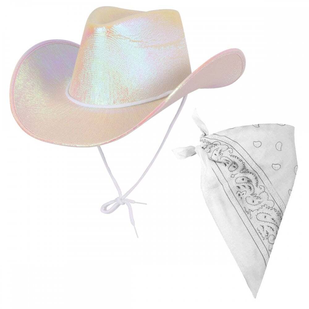 Adult White Iridescent Texan Cowgirl Hat + White Bandana Wild West Hen Parties