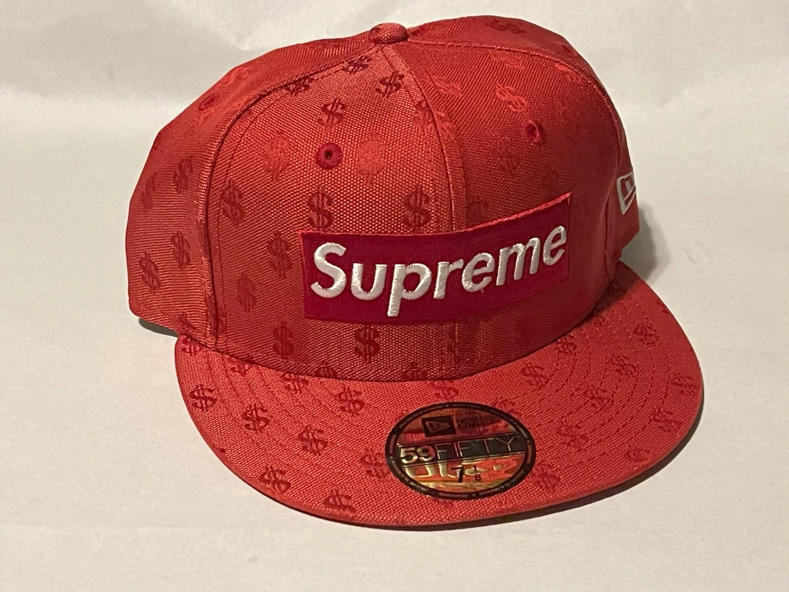 SUPREME x New Era boîte monogramme logo casquette chapeau ROUGE 7 1/8 NEUF ! S/S 2018