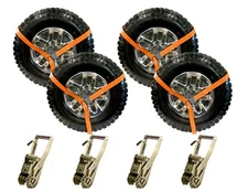 Orange 8' Lasso Tie Down Strap Reinforced Eye 2" Ratchet with Finger J Hook 4 pc