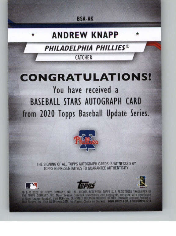 2020 Topps Update Baseball Stars Autographs #BSAAK Andrew Knapp (ref 142161) - Image 2 of 2