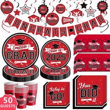 Graduation Decorations Class Of 2024 Red And Black Disposable Graduation Tablewa