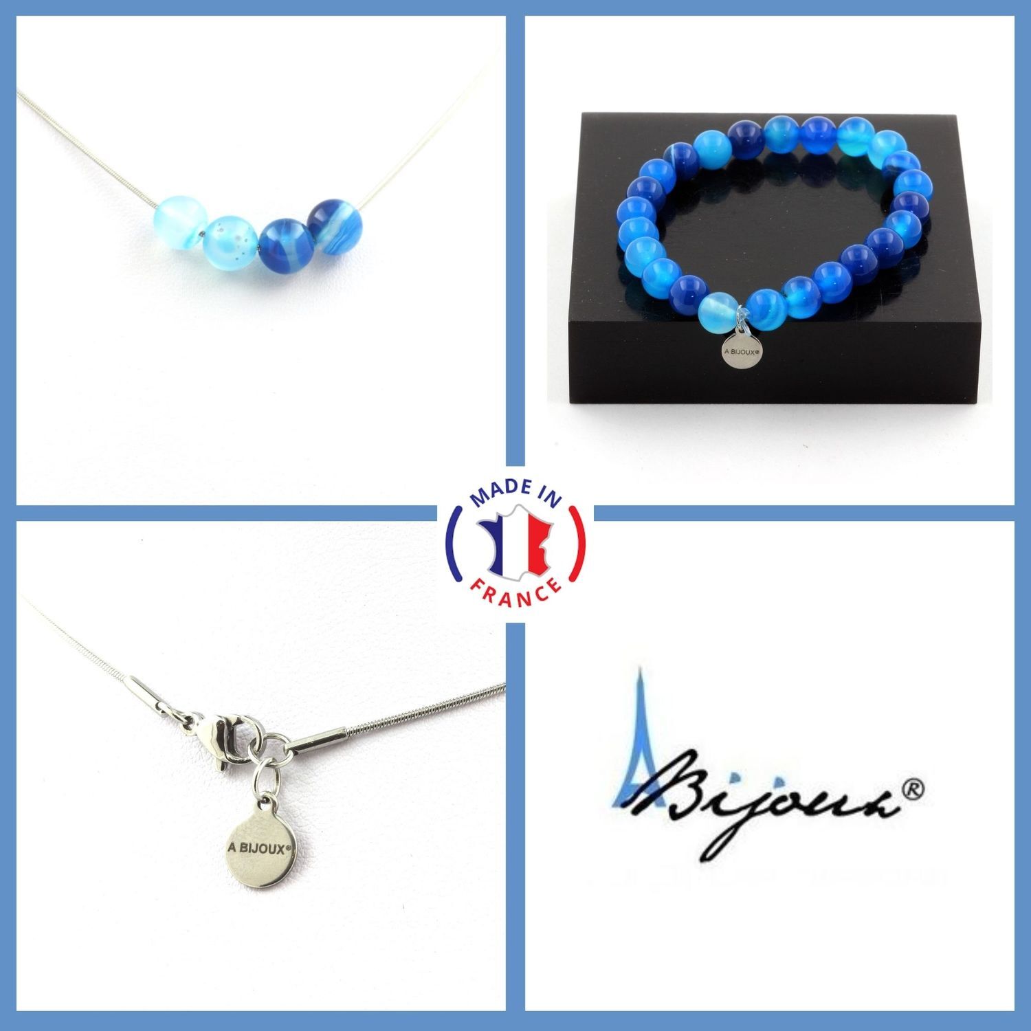 Parure bijoux Agate rubanée bleu avec bracelet et collier perles de lithothérapie