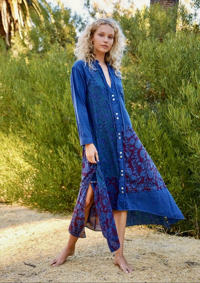 Vestido Maxi Midi Free People Yuli Patchwork Frontal A Presión Alto Lo Talla Grande Azul XS NUEVO