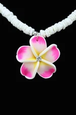 Puka Shell Necklace Fimo Plumeria Flower -18", Hawaiian, Pink White w Rhinestone