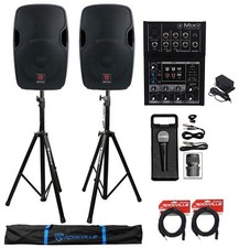 2 Rockville BPA12 12" Active 600w DJ PA Speakers Mackie Mixer Stands Mic Cables