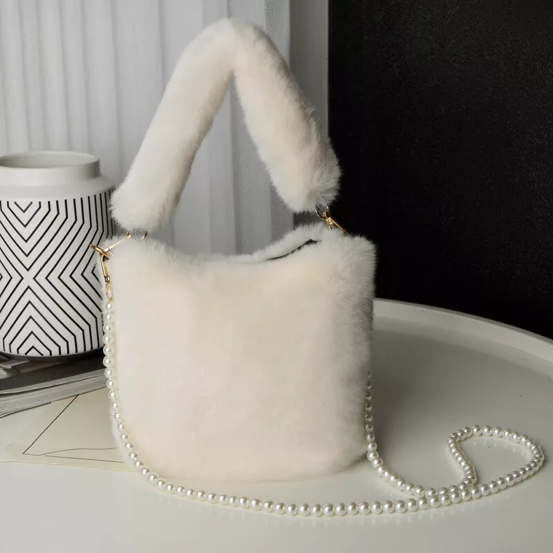 Women Faux Fur Bucket Bag Shoulder Handbag Pearl Chain Mini Furry