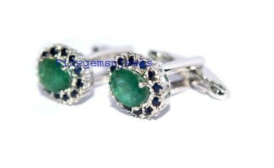 Natural Emerald & Blue Sapphire Gemstones 925 Sterling Silver Cufflinks  #087
