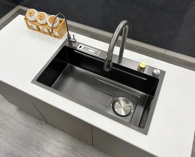 Flying Rain Stainles Waterfall Kitchen Nano Sink w PullDown Faucet Black 29.5IN