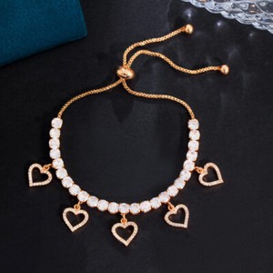 Authentic Women Gold Plated Heart Dangle Cubic Zirconia Tennis Adjustable Bracelet Bangle