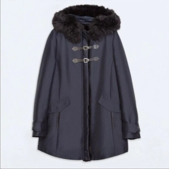 Zara Womens Navy Fur lined Duffle Coat Jacket with Hood Size M 168