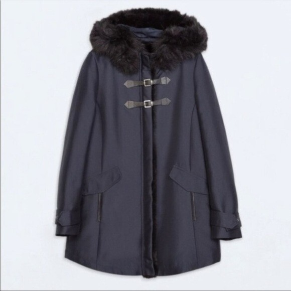 Zara Womens Navy Furlined Duffle Coat Jacket with Hood Size M 168 eBay
