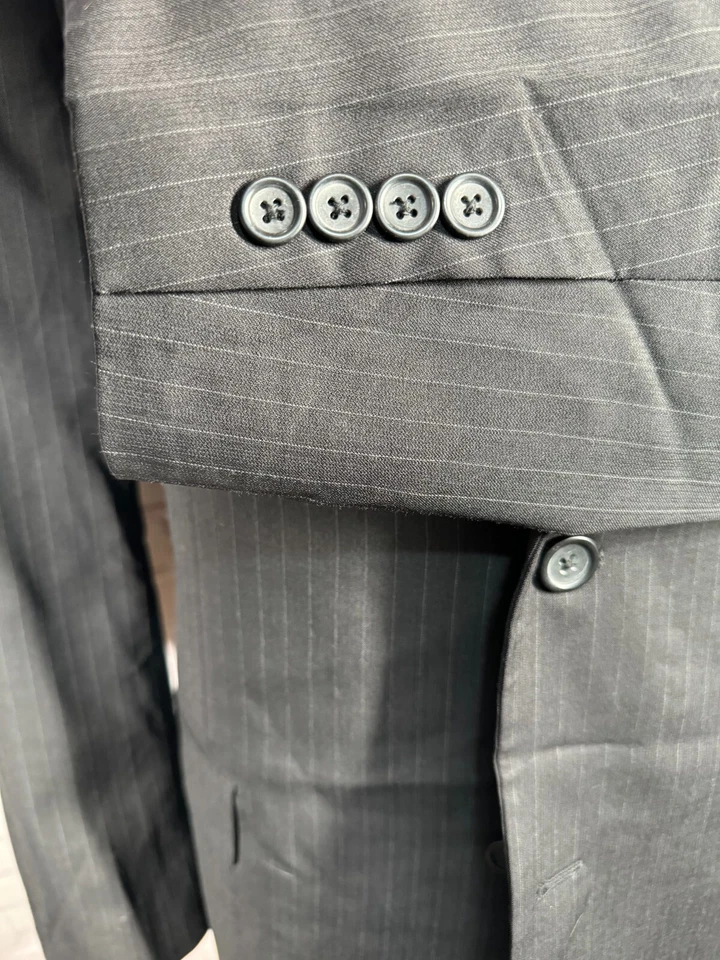 Traje PRONTO UOMO Para Hombres Negro Lana Rayas Frente Plano 2 piezas 44L Chaqueta 37x32 Pantalón Foto 4 de 4