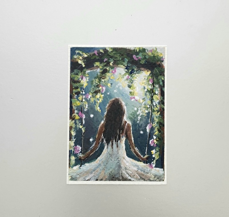 ACEO Original Woman-Flowers -Whimsy 3.5x2.5"-Mini Acrylic Painting -Kate Bauer
