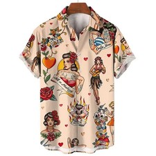Image of Mens Button Down Sailor Jerry Tattoo Hawaiian Top Novelty Holiday Summer Shirt