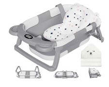 Collapsible Baby Bathtub for Newborn to Toddler w/ Thermometer Cushion Hooded