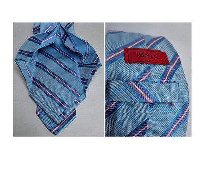 ISAIA 7 Fold Tie Men Silk Handmade ITALY Blue Repp Stripe 3.25x60'' Quiet Luxury