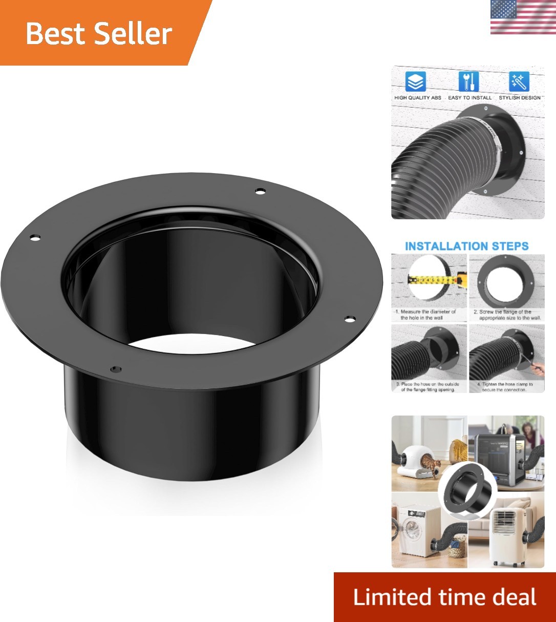 6-Inch Duct Connector Flange in Black - High-Quality ABS Dust Collection Fitting