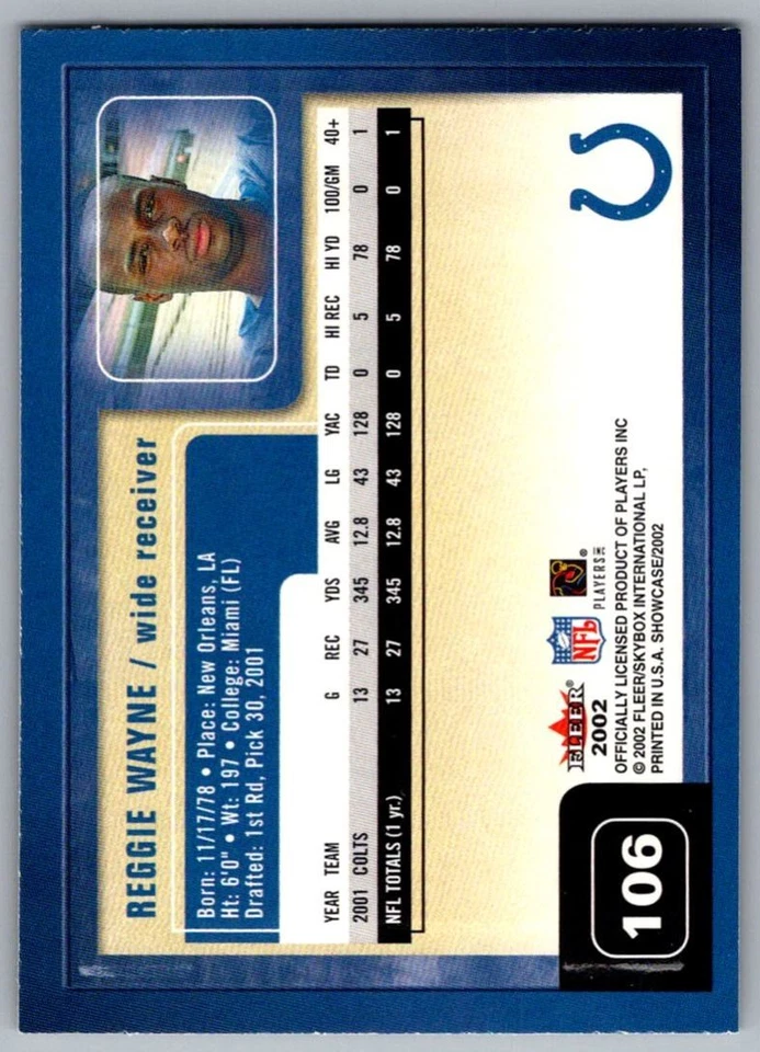 2002 Fleer Showcase Reggie Wayne Indianapolis Colts #106 - Image 2 of 2