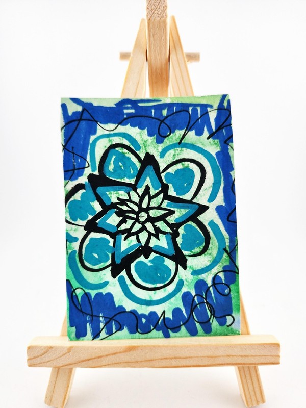 ACEO Original Mixed Media Flower, Floral, Funky, Blue/gr By Vanessa S. 2.5"×3.5"