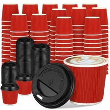 Uiifan 100 Set 4oz Disposable Espresso Cups with Lids Ripple Insulated Paper Hot