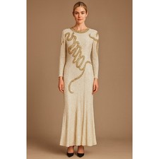 Vintage Cachet Bari Protas Womens 14 Silk Long sleeve Fully Beaded Dress Ivory