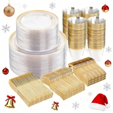 600pc Gold Trim Plastic Dinnerware Set for Party: 100 Dinner Plates, 100 Dess...