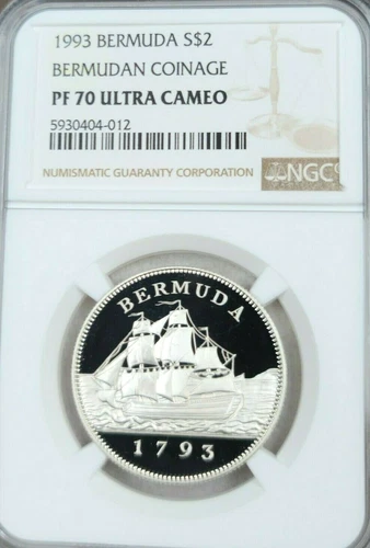 1993 BERMUDA SILVER 2 DOLLARS BERMUDAN COINAGE NGC PF 70 ULTRA CAMEO PERFECTION