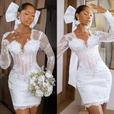 African Short Wedding Dresses Long Sleeve Lace Appliqued Bridal Gowns
