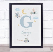 New Baby Birth Details Nursery Christening Blue Planes Initial G Gift Print