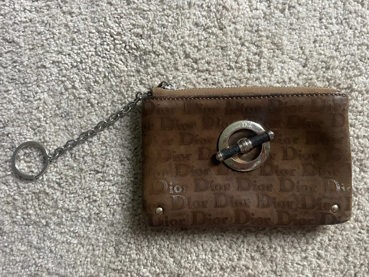 Christian Dior Card Holder Wallet Authentic Brown Leather Logo Keychain  Purse