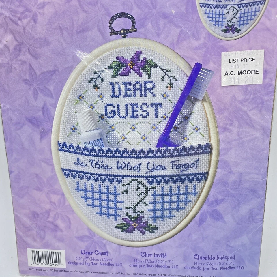 Kit de punto de cruz contado Bucilla a cuadros 2001 de colección Querido invitado bolsillo de baño NUEVO Foto 2 de 4