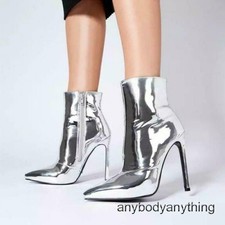 Women Pointed Toe Stiletto High Heel Metallic Mirror Ankle Boots Zip Shoes Boots