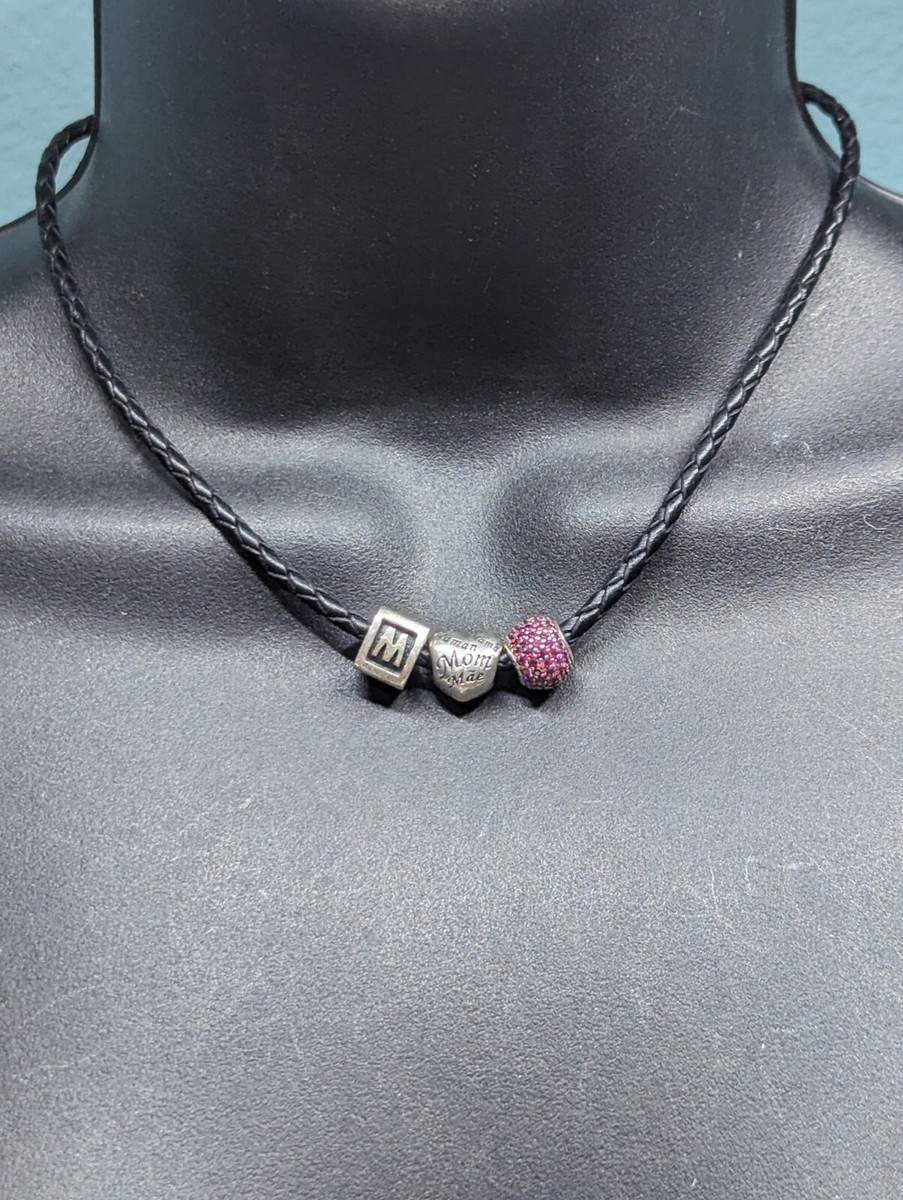 Authentic PANDORA Black Leather w/3 Charm Bracelet Double Wrap