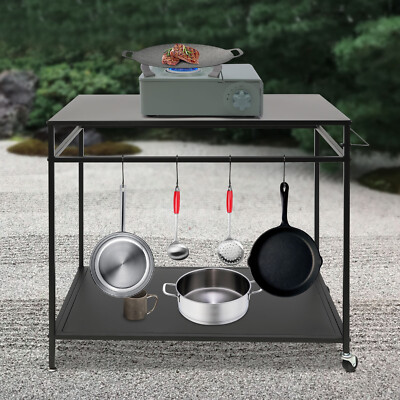 2 Tier Outdoor Grill Cart with Wheels & Hooks BBQ Prep Table Steel Black