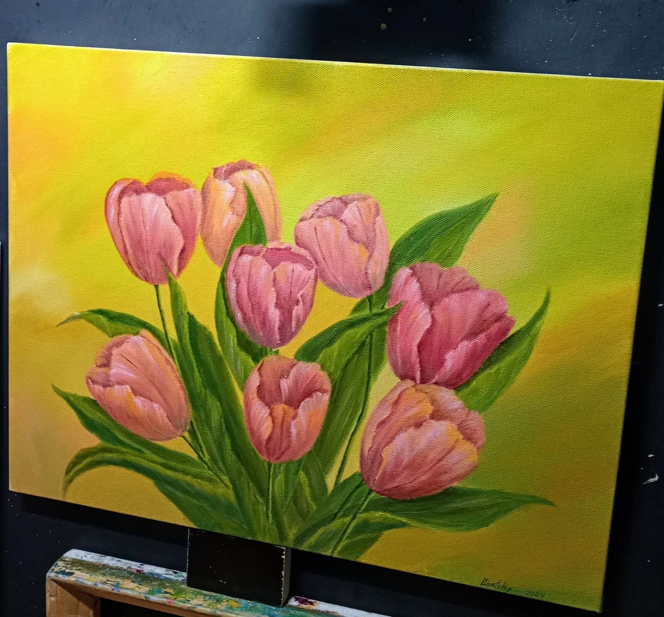 Pintura al óleo original Art 14"/18", lienzo estirado de flores Foto 4 de 4