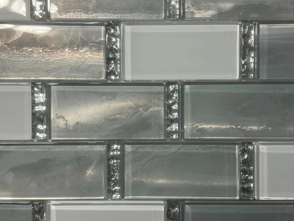 NY03N Blanco/Gris/Plateado Vidrio Mosaico Azulejo Cocina Baño Salpicadero, 7 Hojas Foto 2 de 4