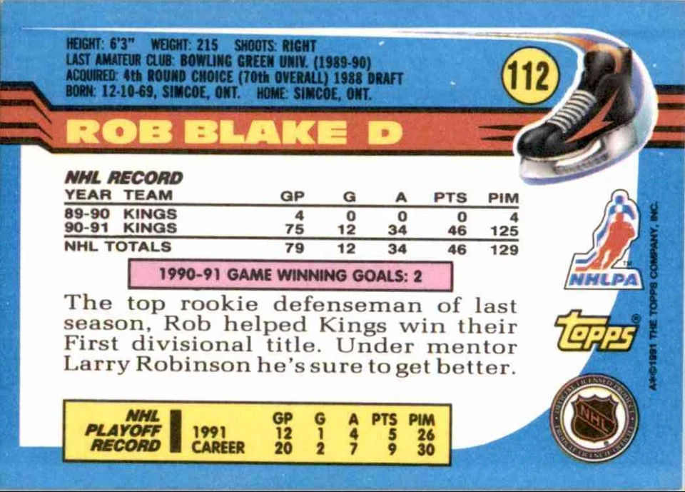 1991-92 Topps Rob Blake #112 - Image 2 of 2