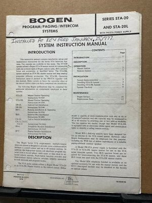 Bogen Owner Operation Manual STA-20 STA-20L Intercom System ~ Schematic Service